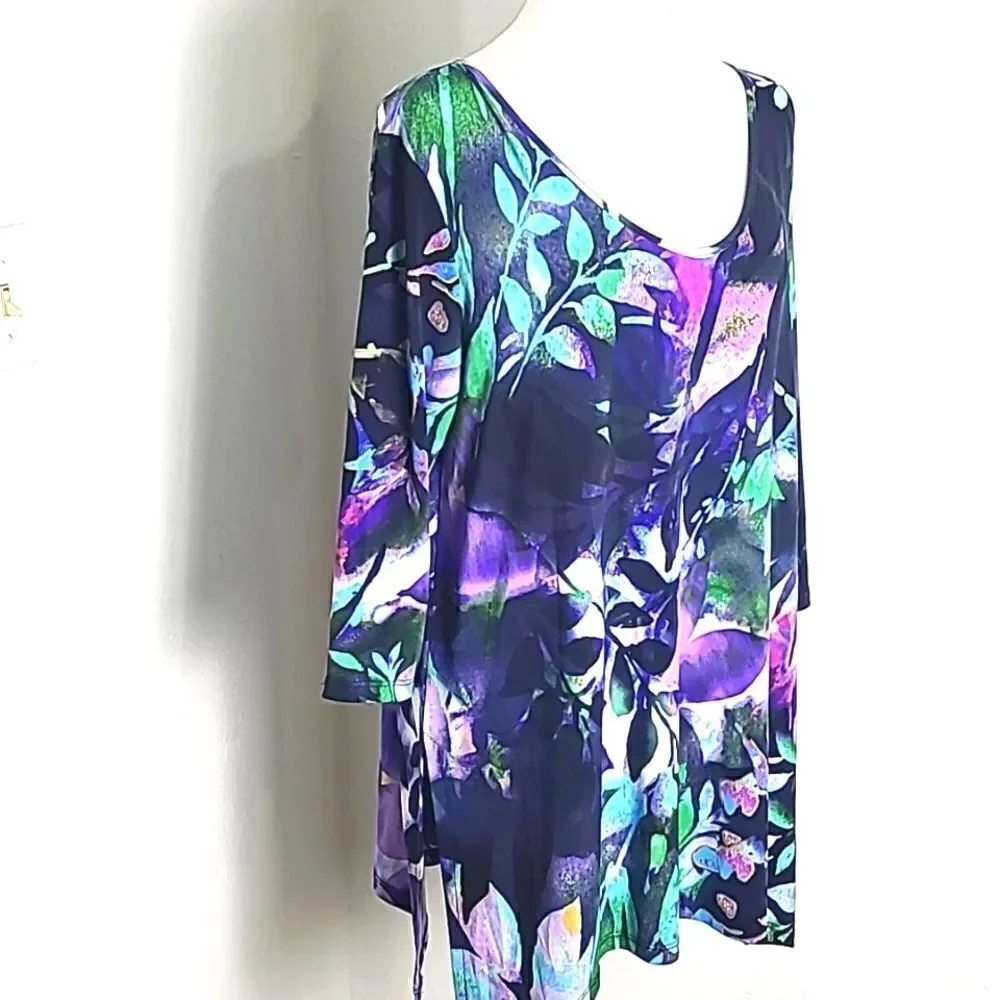 Clara Sun Woo Purple Multicolor Floral Tunic Top, Size Large - Picture 2 of 9